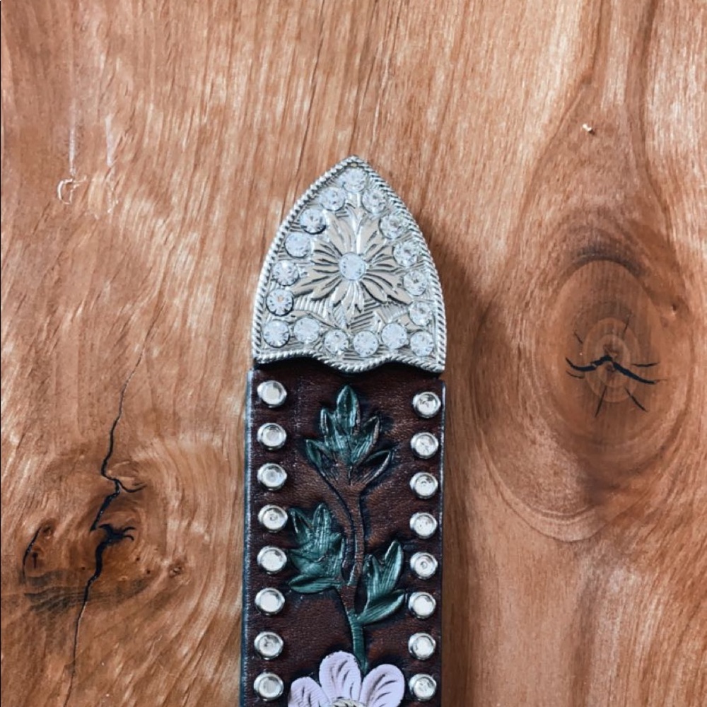 Hand Tooled Floral Western Rhinestone Belt - Picture 5 of 5